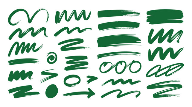 Set of isolated dark green hand drawn brush strokes and decorative design elements