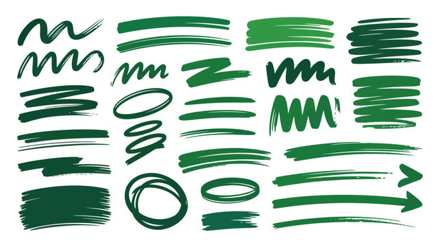 Set of isolated dark green handdrawn marker strokes and scribbles