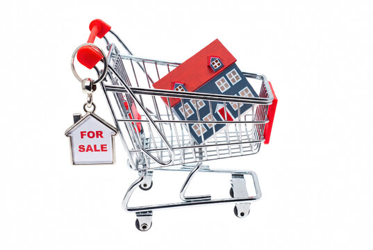 Miniature House in Shopping Cart with For Sale Keychain