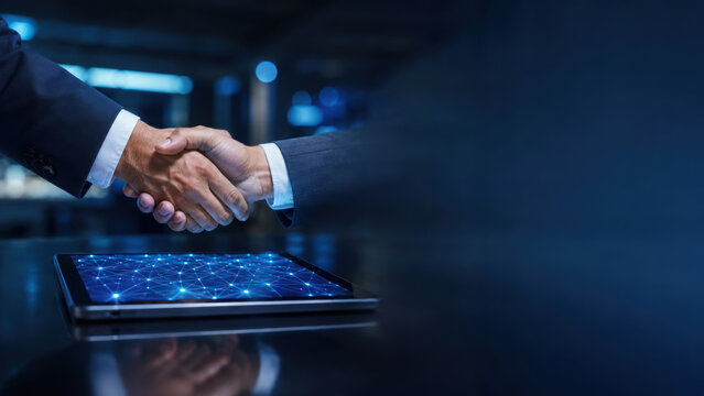 Strategic partnership deals are formed as two business professionals shake hands over digital tablet with futuristic network display