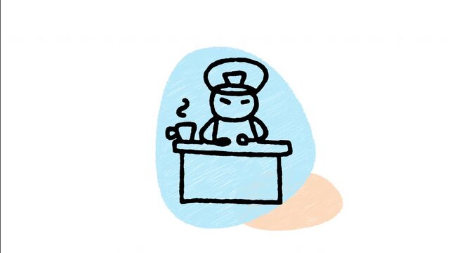 An animated hand-drawn police chief sitting at an office desk holding a hot cup of coffee. Perfect for police department management, detective office work, law enforcement leadership, and station scen