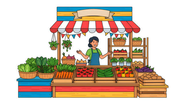 Female vendor selling fresh produce at a vibrant outdoor market stall during the day