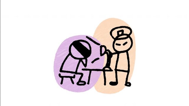 An animated hand-drawn police officer interrogating a handcuffed suspect in an interview room. Ideal for criminal investigation scenes, police questioning, legal procedure, and detective stories. 