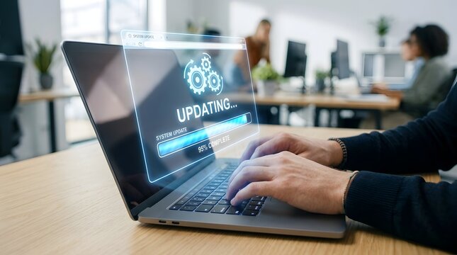 Professional Typing on Laptop with Digital Software Update Notification
