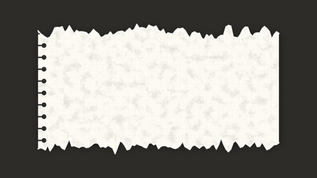 Torn notebook paper page with grid lines and spiral binding on dark background.
