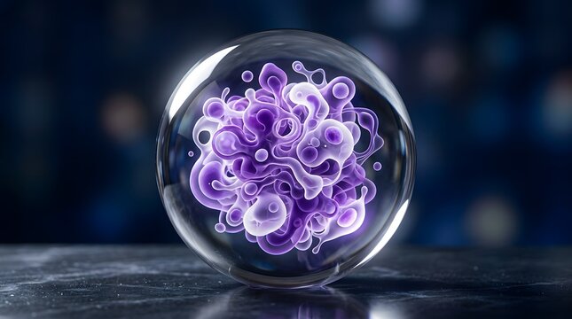 A captivating crystal ball reveals a swirling ethereal purple nebula within hinting at mystical energies and cosmic wonders