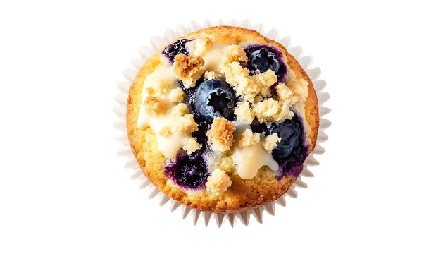 Blueberry muffin with crumble topping, isolated on transparent background for baking ads.