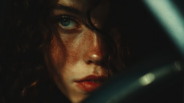 Young woman's intense gaze captured with dramatic side lighting during golden hour in a car interior