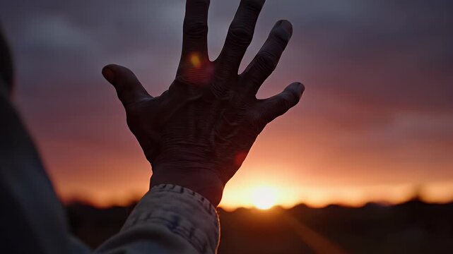Close up of an aged hand reaching towards a vibrant sunset with lens flare