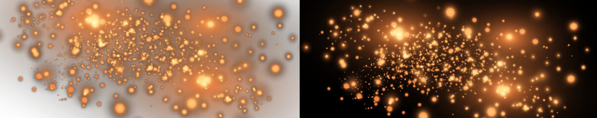 Golden dust particle set: glowing magic glitter sparks isolated on contrast white and black backgrounds © Natasha