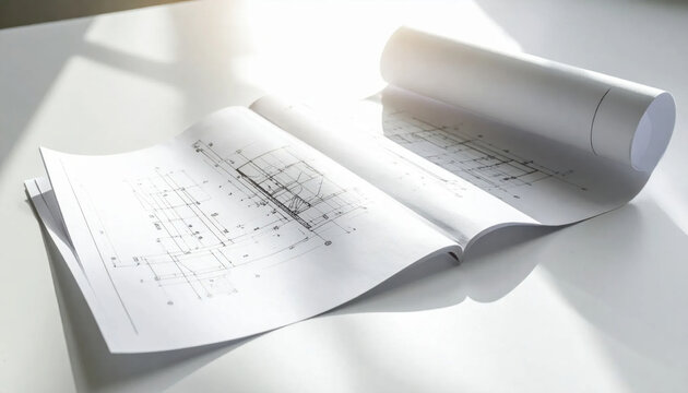 Architectural blueprints and rolled plans laid out on a bright, sunlit surface