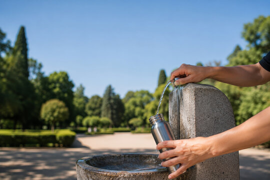 A man fills a reusable stainless steel bottle with water from a public drinking fountain in a European park on a hot summer day. Concepts: hydration, climate change adaptation, active lifestyle.