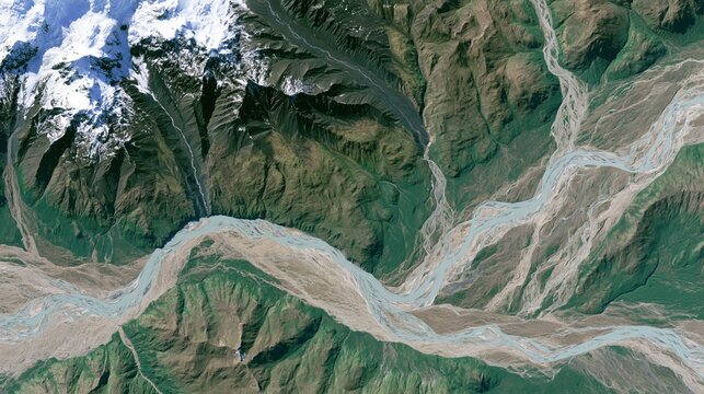 The Braided River Winding Through Snowcapped Mountains and Verdant Valleys