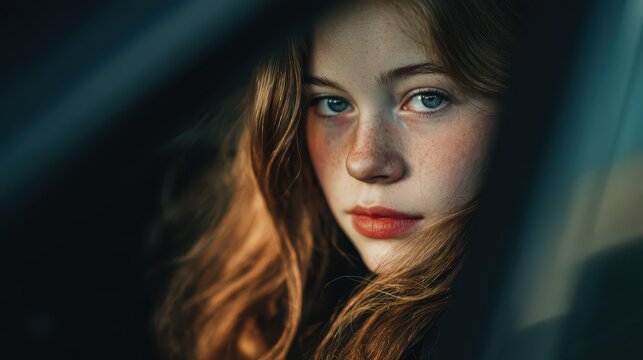 Young woman's thoughtful face with freckles during golden hour with shallow depth of field outdoors