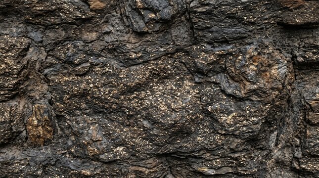 Close-up View of Dark and Textured Rock Surface with Unique Mineral Patterns and Details