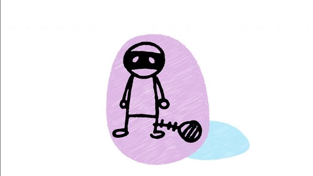 An animated hand-drawn inmate wearing a heavy iron ball and chain leg shackle. Ideal for hard labor, severe punishment, prisoner restriction, legal sentences, and vintage jail concepts. 