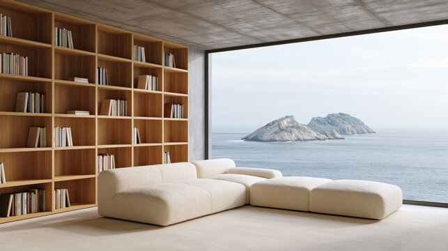 The Oceanview Sofa in Minimalist Living Room by Panoramic Seascape Window