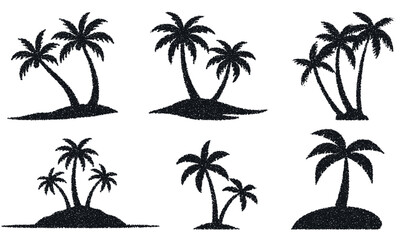 Fototapeta premium Black textured palm tree silhouettes on islands for tropical summer vacation travel and exotic beach landscape design sets.