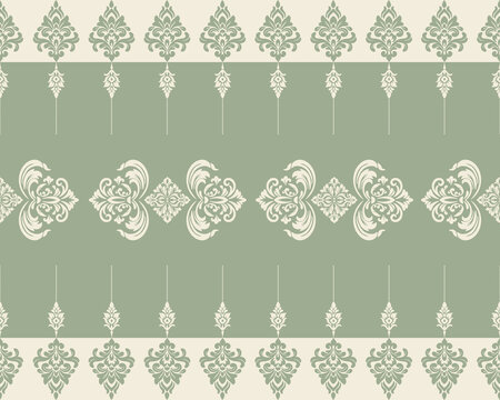 Damask Vintage Textile Pattern in Green and Cream Seamless Ornamental Baroque Design.
