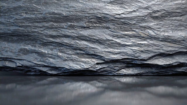 Close-up of layered slate roof with water reflection