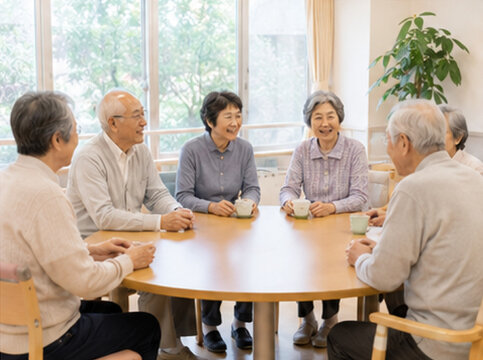 デイサービス,通所介護,高齢者,シニア,日本人高齢者,高齢男性,高齢女性,老人,介護施設,高齢者施設,共有スペース,介護,高齢者介護,シニアケア,施設介護,介護サービス,レクリエーション,交流,会話,談笑,コミュニケーション,友達,仲間,笑顔,楽しい,老後,老後生活,高齢者交流,社会参加,孤独対策,健康,健康管理,認知症予防,介護予防,フレイル予防,生活支援,日常生活,介護スタッフ,見守り,安心,