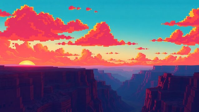 Evening pixel clouds glowing red-orange in the sky over a stylized pixel canyon, retro video game look