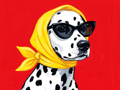 Cool Fashionable Dalmatian Dog Wearing Yellow Headscarf and Sunglasses Vector Illustration on Red Background