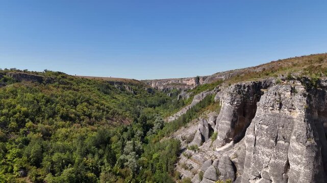 Scenic aerial panorama of the rocky canyon and natural landscape in Kunino village Bulgaria