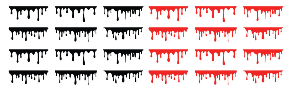 Collection of black and red dripping liquid ink border vectors for halloween horror slime paint dripping graphic design elements