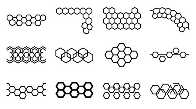 Sleek Black and White Hexagonal Polycyclic Aromatic Hydrocarbon Molecular Structures Diagram Set
