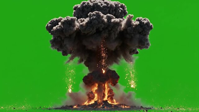 Massive, fiery explosion erupts, spewing smoke and debris against green screen