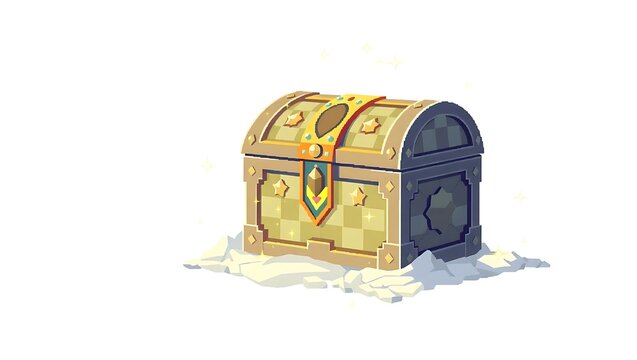 Elegant fantasy pixel chest surrounded by pixelized sparkles and stars, retro style, clean white backdrop