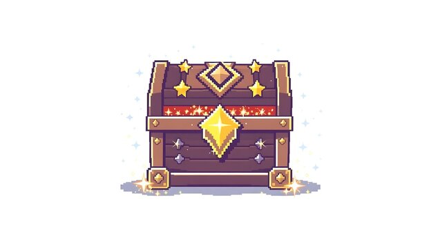 Elegant fantasy pixel chest surrounded by pixelized sparkles and stars, retro style, clean white backdrop