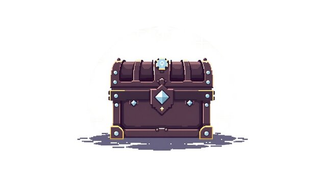 Elegant fantasy pixel chest surrounded by pixelized sparkles and stars, retro style, clean white backdrop