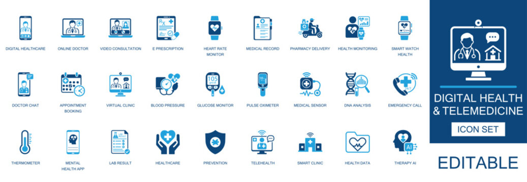 Digital health and telemedicine icon set. Featuring online doctor video consultation prescription heart rate medical record pharmacy delivery virtual clinic sensor vector.