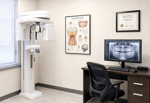 Modern dental panoramic x-ray machine with computer and anatomical chart in clinic setting with natural light