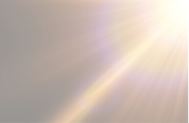 Bright golden sun flare on top right corner: intense solar rays and diagonal lens leak effects on light grey background © Natasha