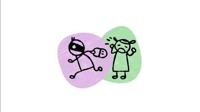 An animated hand-drawn snatch thief grabbing and stealing a bag from a surprised pedestrian. Ideal for street mugging warnings, travel safety tips, handbag theft insurance, and crime alerts. 