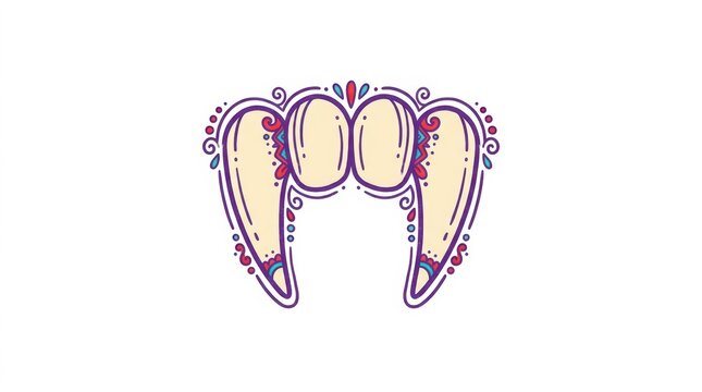 Decorative vampire teeth illustration with colorful patterns and artistic line art style for halloween holiday designs and spooky creative projects