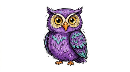 Fototapeta premium Colorful cartoon owl illustration with big eyes and vibrant purple feathers in a unique artistic watercolor sketch style for creative projects