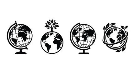 Globe Silhouettes With Botanical Elements Black And White Vector Illustration © Tamim