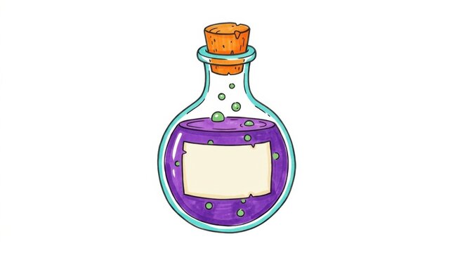 A magical glass bottle filled with purple potion and a blank paper label for custom text in a fantasy style hand drawn illustration