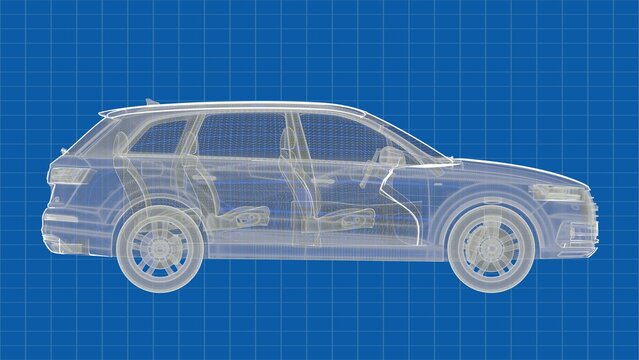 Transparent Car on Blueprint Background