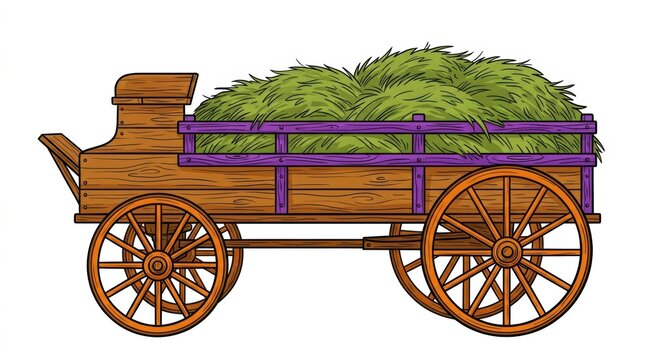 Old wooden farm wagon full of fresh green hay on a countryside field