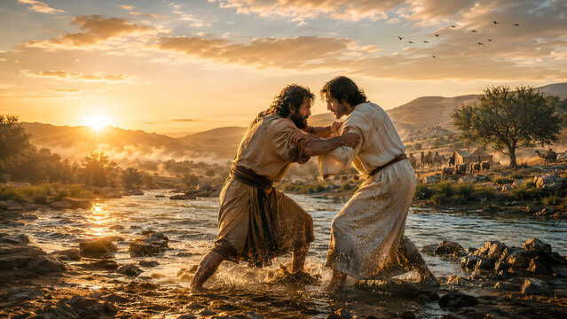 Jacob wrestling with an angel in a river at sunset, biblical scene, intense struggle, dramatic lighting, historical religious illustration