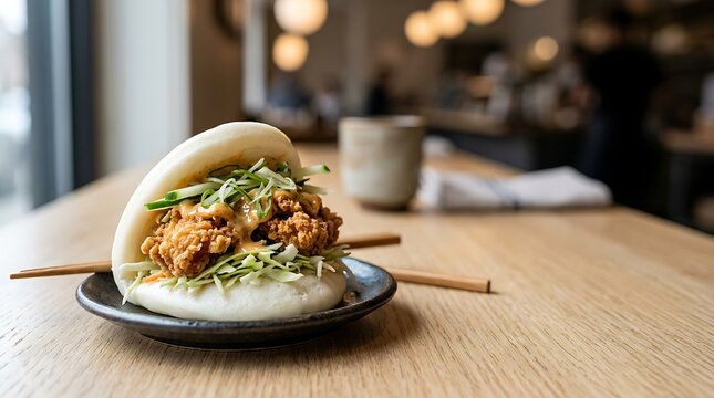 Delicious crispy chicken bao bun served on a small plate in a restaurant.