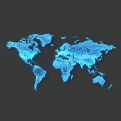 Fototapeta premium Digital World Map Concept Showing Global Connectivity and Network Data Visualization with Glowing Blue Lines and Particles on a Dark Background for Technology and Communication Themes