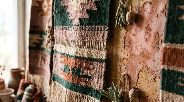 Vintage Rustic Woven Rug Hanging on Textured Pink Plaster Wall