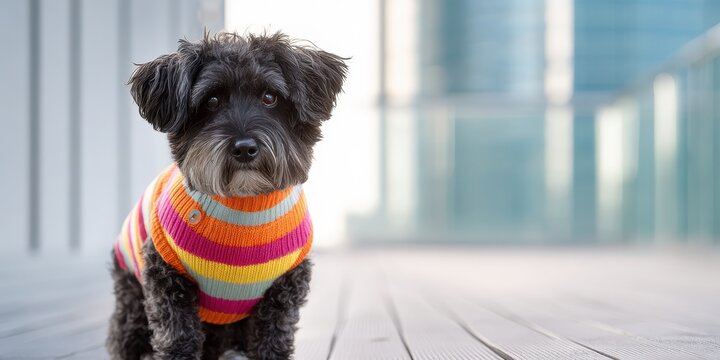 Charming pet attire. Cheerful fluffy dog modeling vibrant warm clothes. Sweet puppy wearing casual apparel standing with joy expression. Small dog dressed in striped knitted sweater posed tongue out