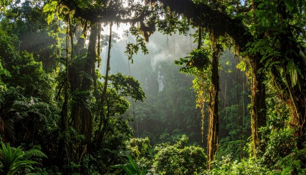 Lush rainforest canopy bathed in sunlight, revealing a misty valley with lush vegetation.